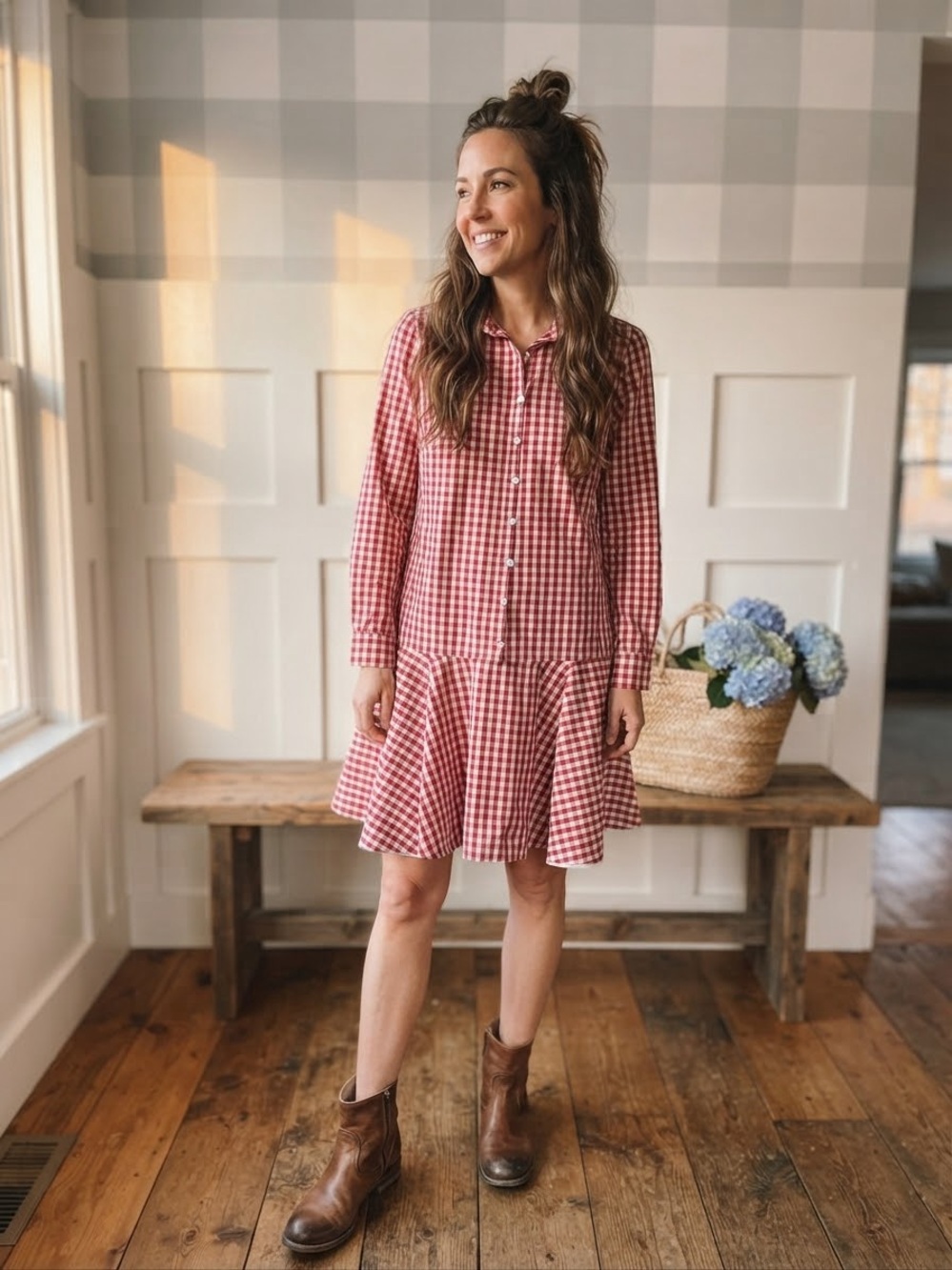 Women's Red Cotton Gingham Midi Dress Medium